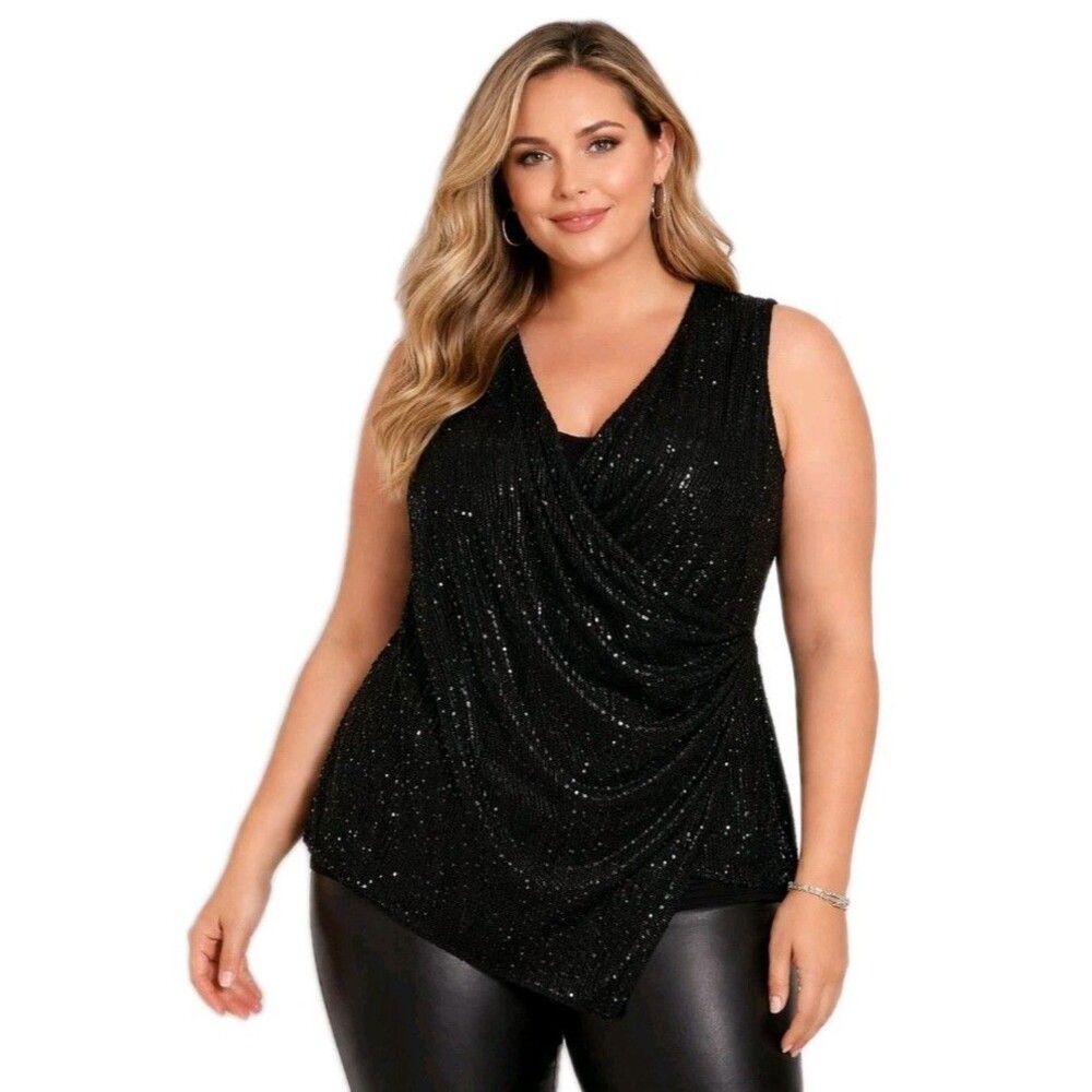 NWT GRACE KARIN Women L Glamorous Party Sequins Glittery Stretch Lined Black Top